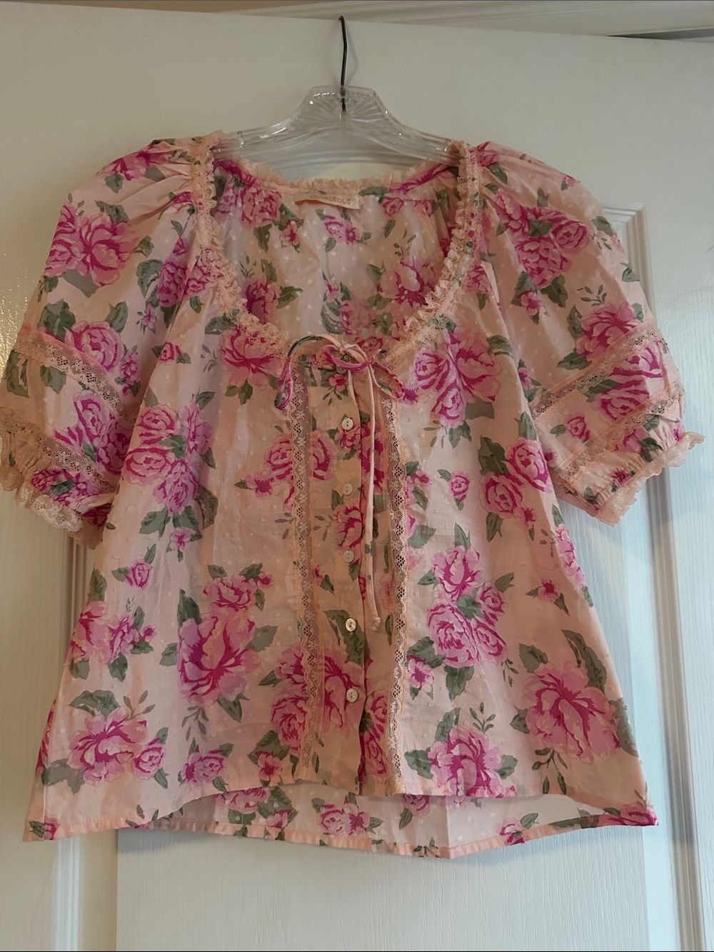 Olivaceous Pink Floral Blouse with Lace Trim